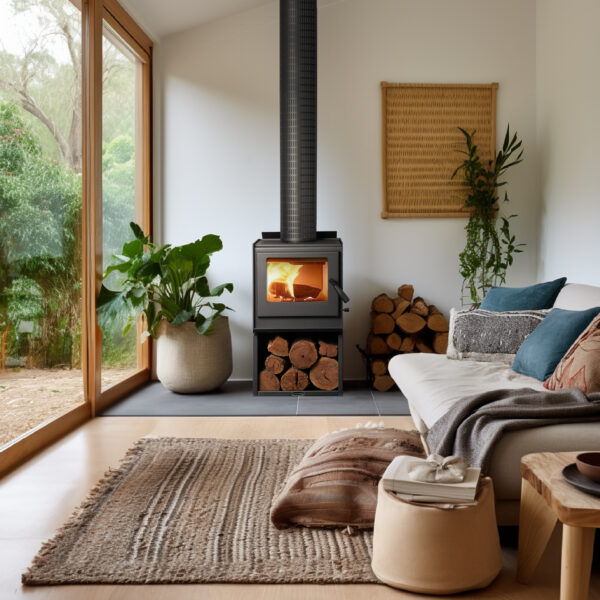 A Coonara wood heater in a bright room with logs stacked underneath it