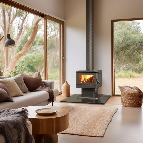 A clean and modern living space with a Coonara freestanding wood heater