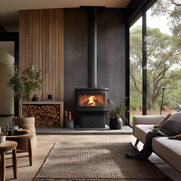 A cosy room with a Coonara wood heater burning warmly