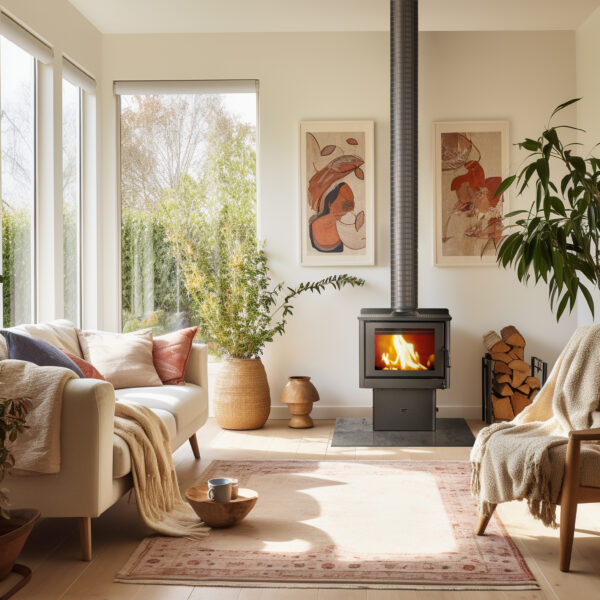 A modern living space with a Coonara Settler freestanding wood heater