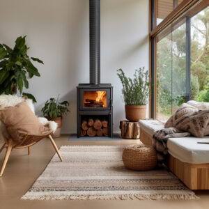 A contemporary living with a Coonara Settler wood heater